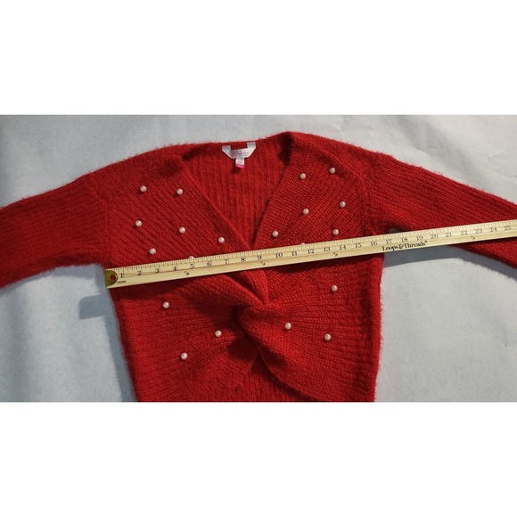 NoBoundaries Knitted Twist Sweater Pearl Embellished Red Cropped Pullover Size S - Picture 4 of 6